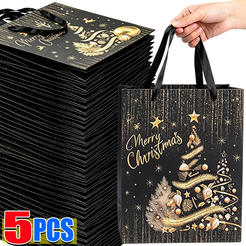 1/5Pcs Black Gold Christmas Gi - Luxury Xmas Bags ulasan dan harga
