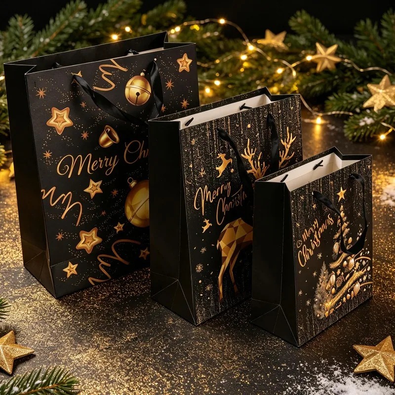 1/5Pcs Black Gold Christmas Gi - Luxury Xmas Bags ulasan dan harga