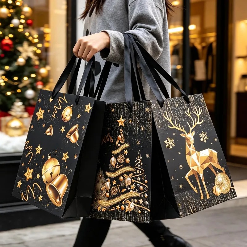1/5Pcs Black Gold Christmas Gi - Luxury Xmas Bags ulasan dan harga