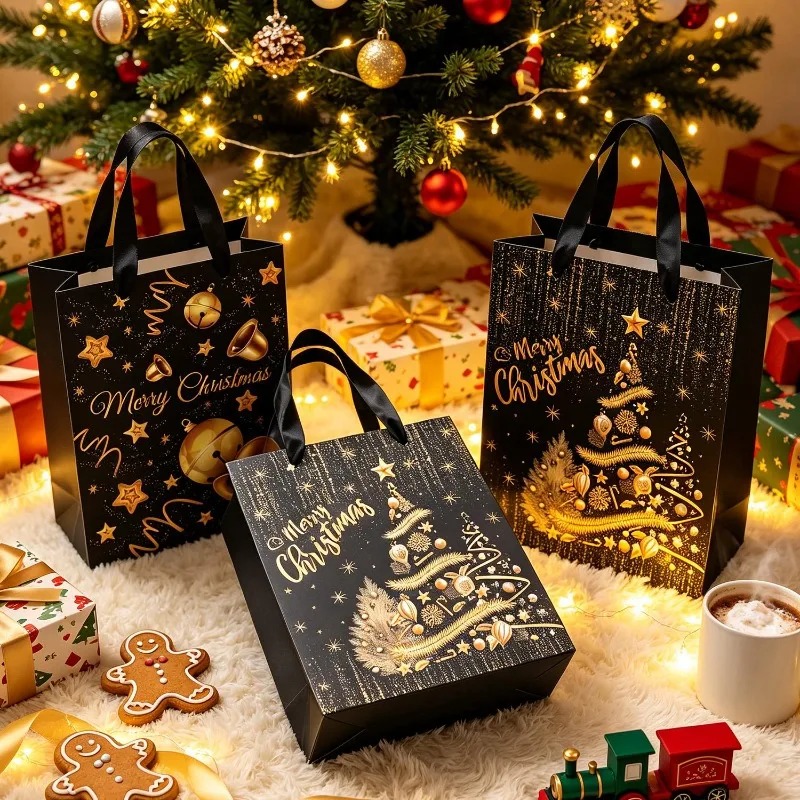 1/5Pcs Black Gold Christmas Gi - Luxury Xmas Bags ulasan dan harga